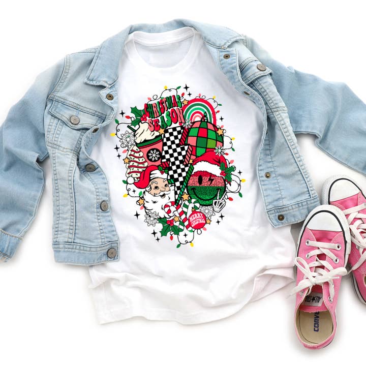 AvaryMaeInspirations - Wholesale Screen Printed T-Shirt - Kids - Christmas Season Vibes Retro Kids Christmas Tee Shirt2