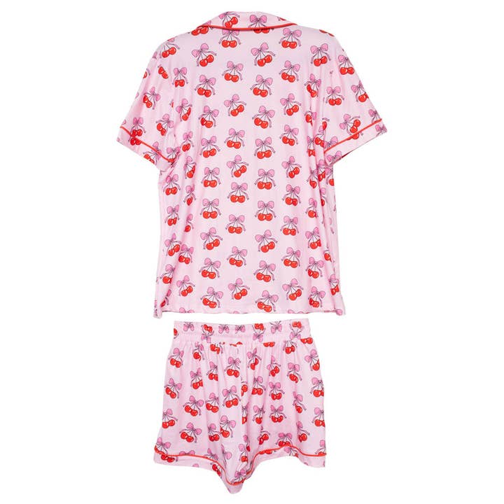 Light Pink Cherry Bow Repeat Wholesale Valentine's Cotton Pajamas for wholesale on Faire1