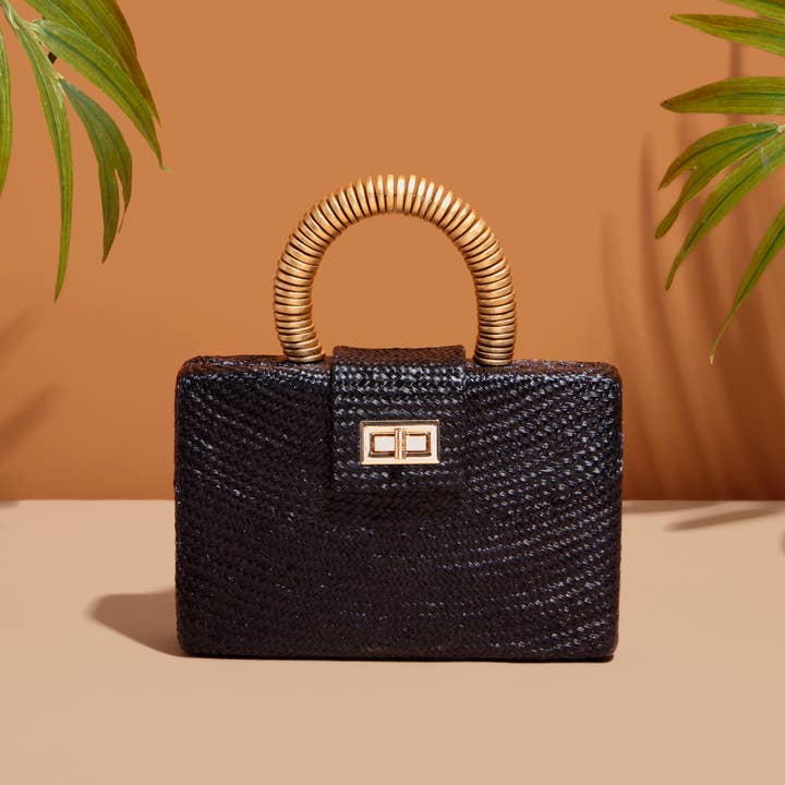 Pochette Nera in Paglia | Manico con Perline Dorate | Lusso da Vacanza per la vendita all'ingrosso da parte di Soli & Sun