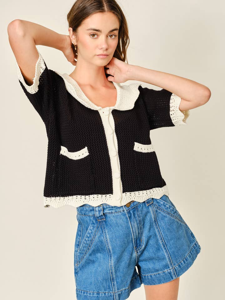 AJT5671 HÆKLET CARDIGAN MED KRAVE for engroshandel hos Aaron & Amber