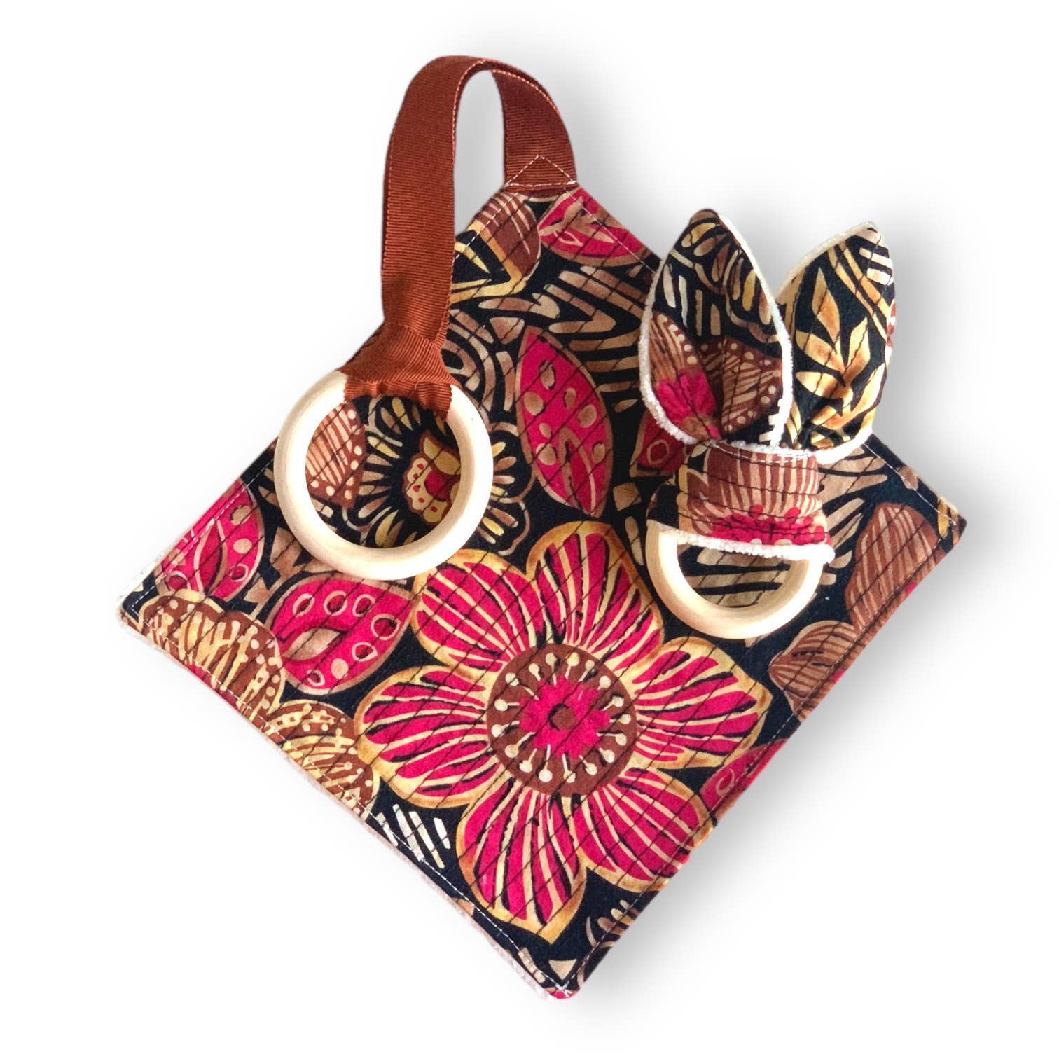 Jolly Bundles - Vente Anneau de dentition sans clip – bébé - Dentition en bois et joli imprimé floral carré ou cadeau de dentition0