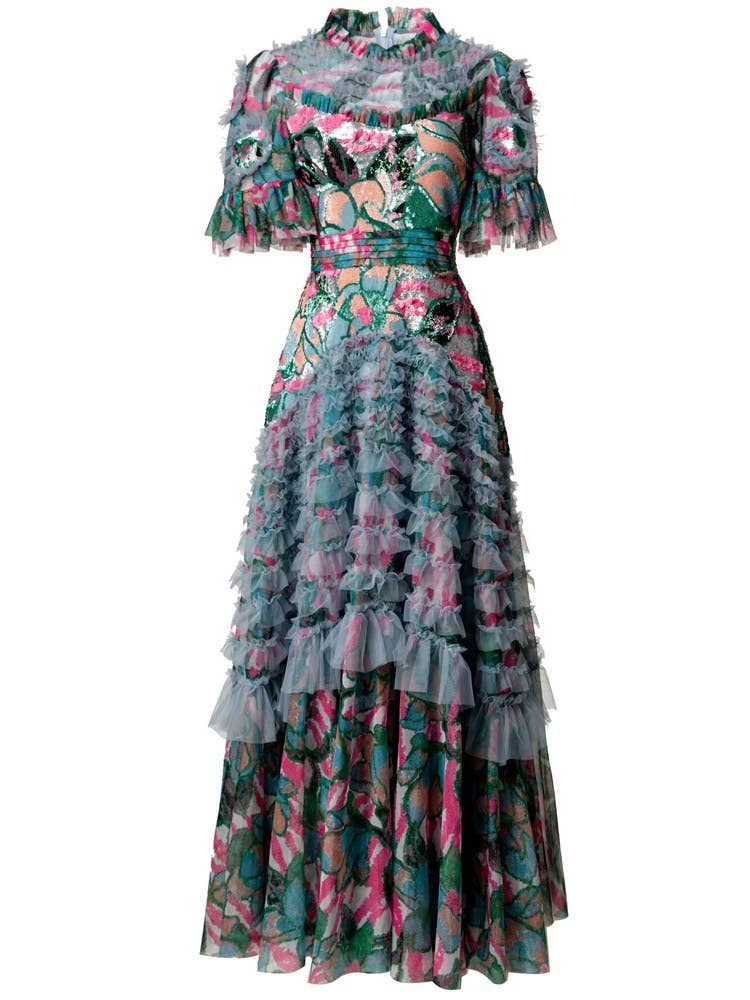 Color as pictures DR592Y Hand-Printed Lotus Leaf Lace Dress with Beaded Detail for wholesale on Faire0