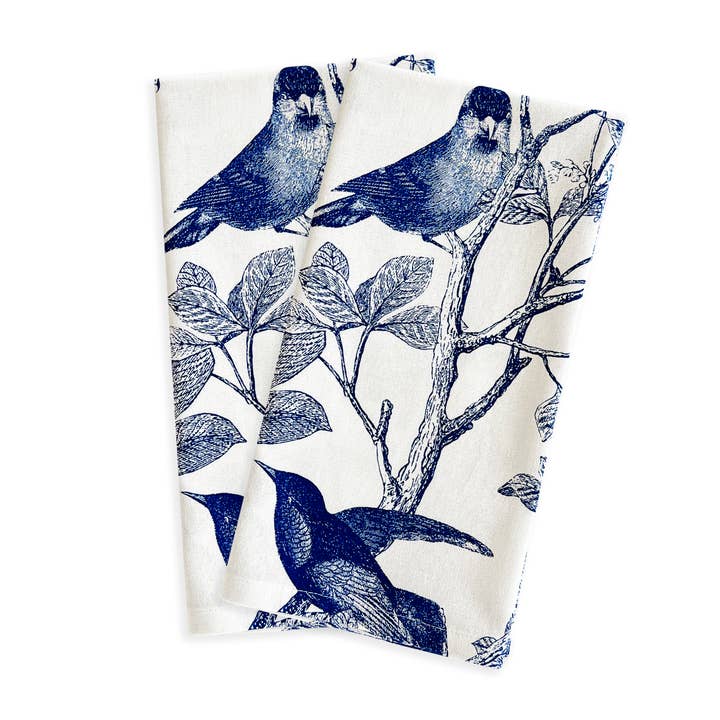 Caskata - Wholesale Tea Towel - Arbor Birds Blue Kitchen Towels, Set of 2