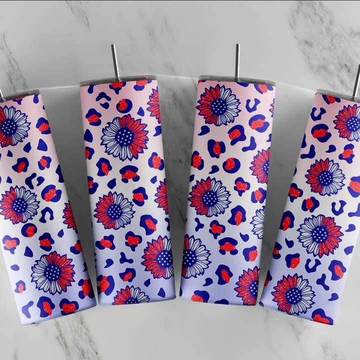 Patriotic Tumbler, July 4th, Red, white, blue sunflowers for wholesale by So Peachy Designs