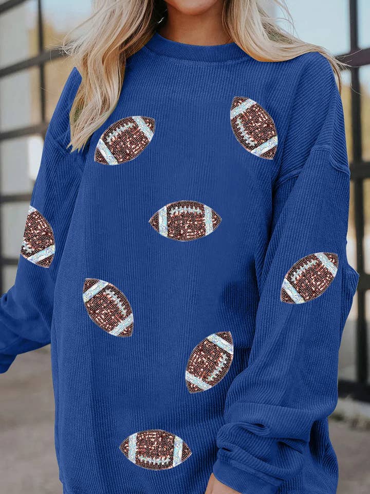 Sudadera holgada con textura acanalada 3D azul oscuro, lentejuelas y parches de rugby para venta al por mayor de Lovesoft