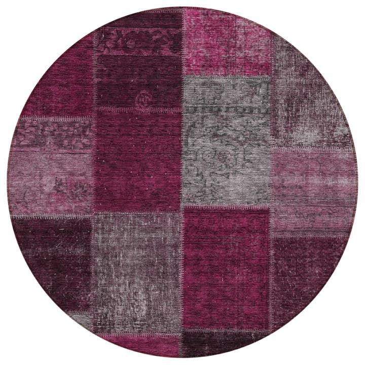 HomeRoots - Vente Tapis - Tapis rond patchwork lavable 8' Merlot Bourgogne et gris