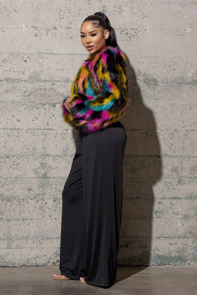 BLACK MULTI FURRY COAT WITH PUFFY SLEEVES AND SATIN LINING for wholesale on Faire1