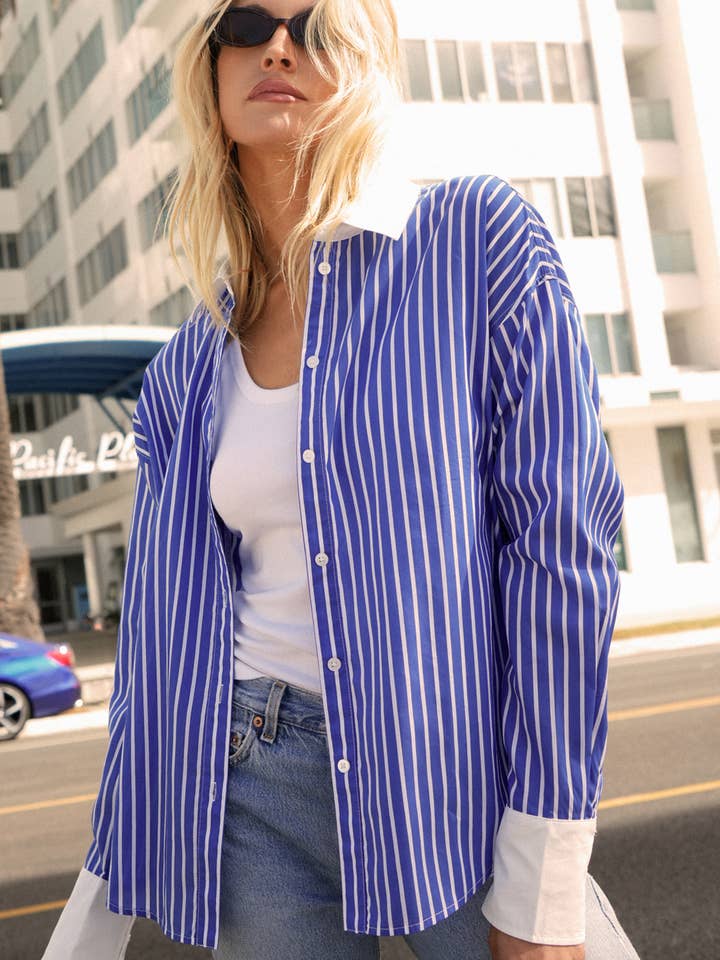 Geneviv Överdimensionerad Randig Skjorta med Kontrastmanschett för wholesale av Greylin