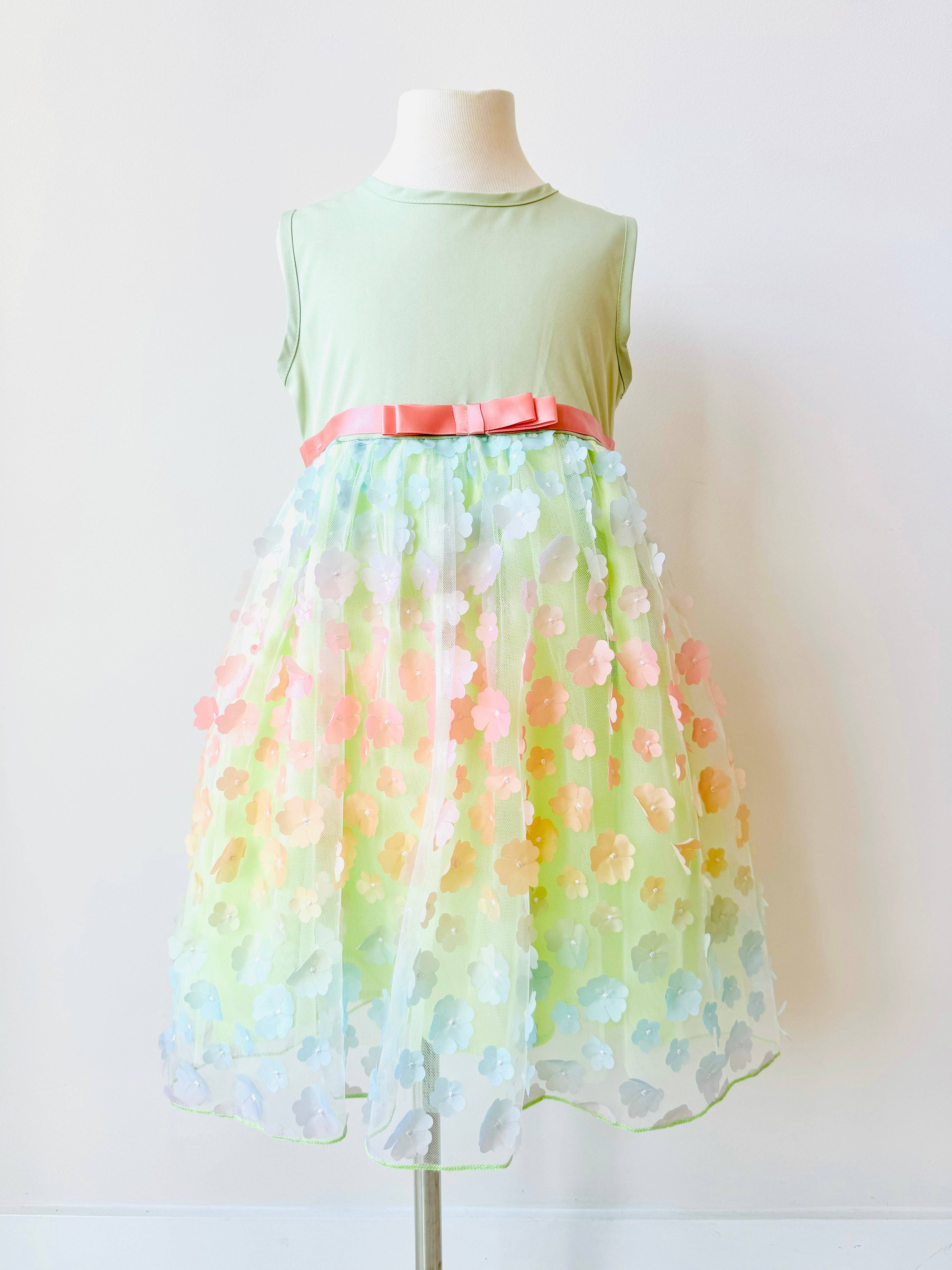 Bella Blu Designs - Wholesale Dress - Kids - Felicity green dress for little girls with rainbow color flowers1