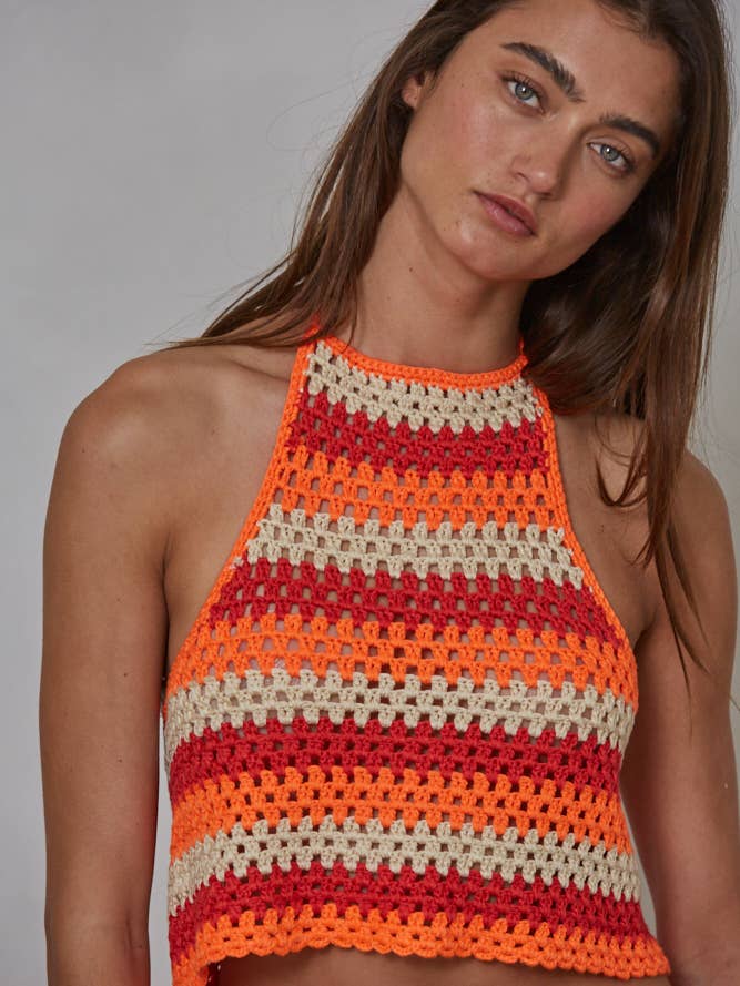 W1966 | Knit Sweater Acrylic Crochet See Through Halter Top for wholesale by By Together