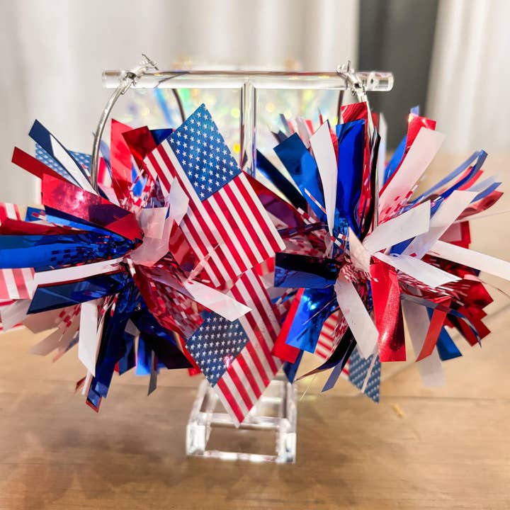 Sash Clothing Bar - Wholesale Dangle Earrings - Fourth of July Party Patriotic Pom Pom Earrings