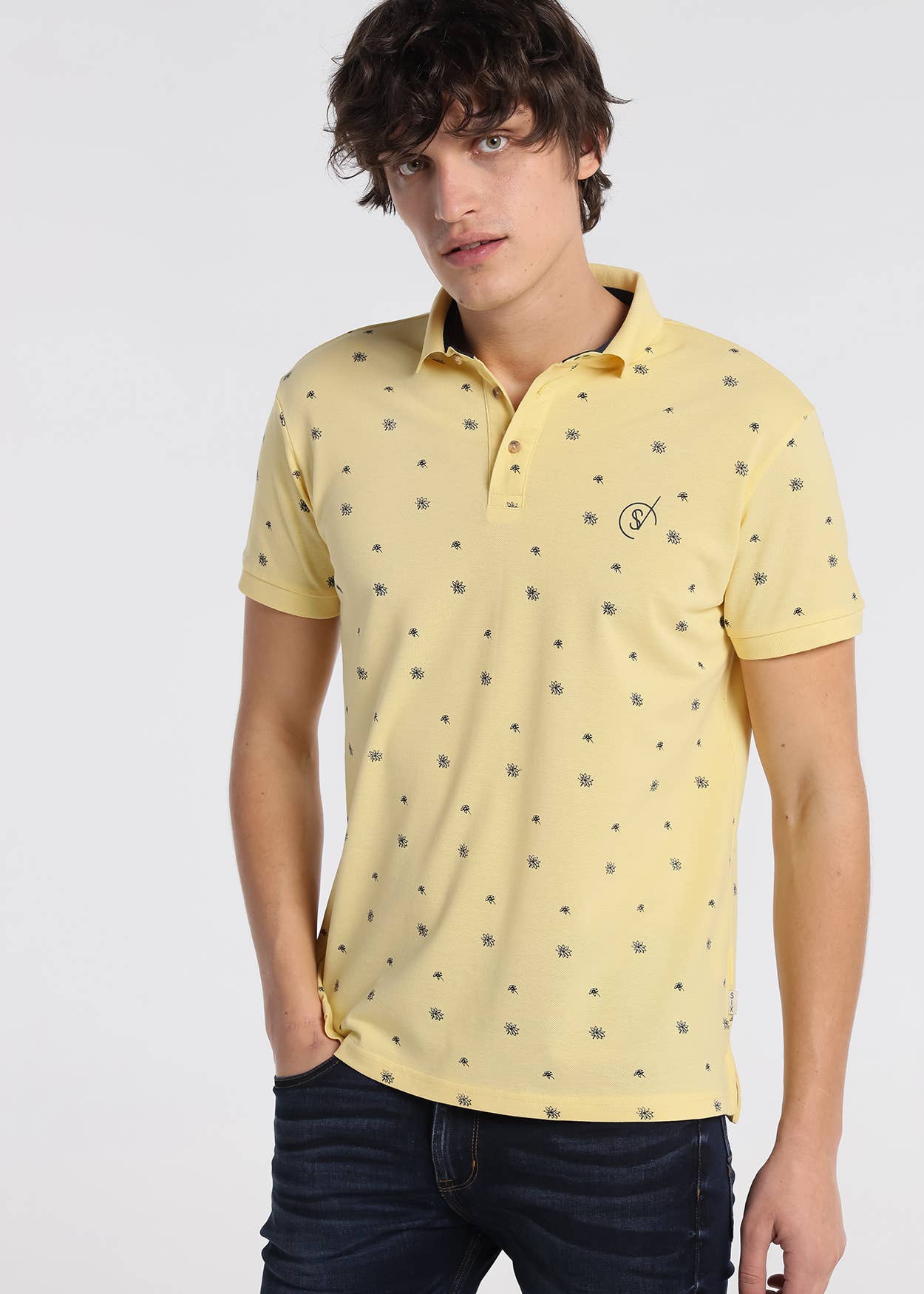 yellow SIX VALVES - Mini Print Tropical Color Short Sleeve Polo for wholesale on Faire