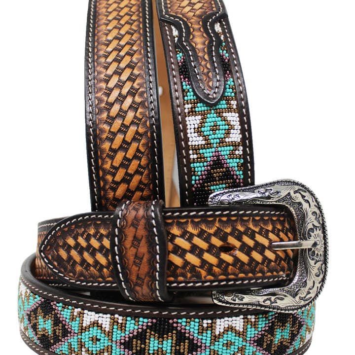 Mens Women 1.5" Western Tooled Beaded Genuine Leather Belt Amish 26RT08 for wholesale by Challenger