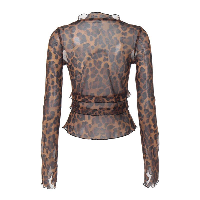 Marrone Top con volant in mesh con stampa leopardata  in vendita all'ingrosso su Faire1