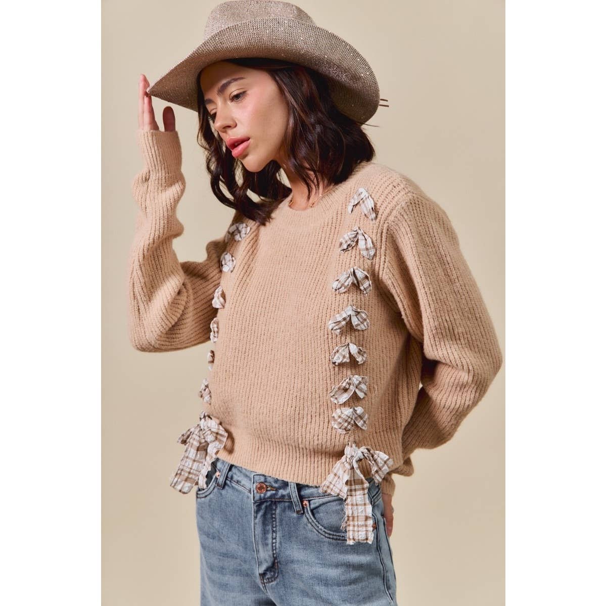 IVE - Wholesale Knit Sweater - Women's - Checkered Plaid Tape Lace Up Sweater Top8