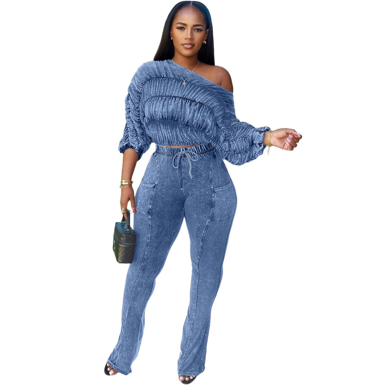 MB Fashion Wholesale - Wholesale Top & Pant Set (NOT Loungewear) - Women's - MB FASHION Ruched Off-Shoulder Top & High-Waist Flared Pants Set 95327