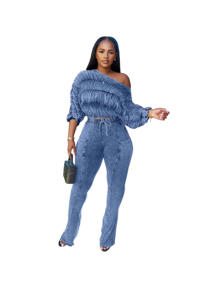 MB Fashion Wholesale - Wholesale Top & Pant Set (NOT Loungewear) - Women's - MB FASHION Ruched Off-Shoulder Top & High-Waist Flared Pants Set 95327