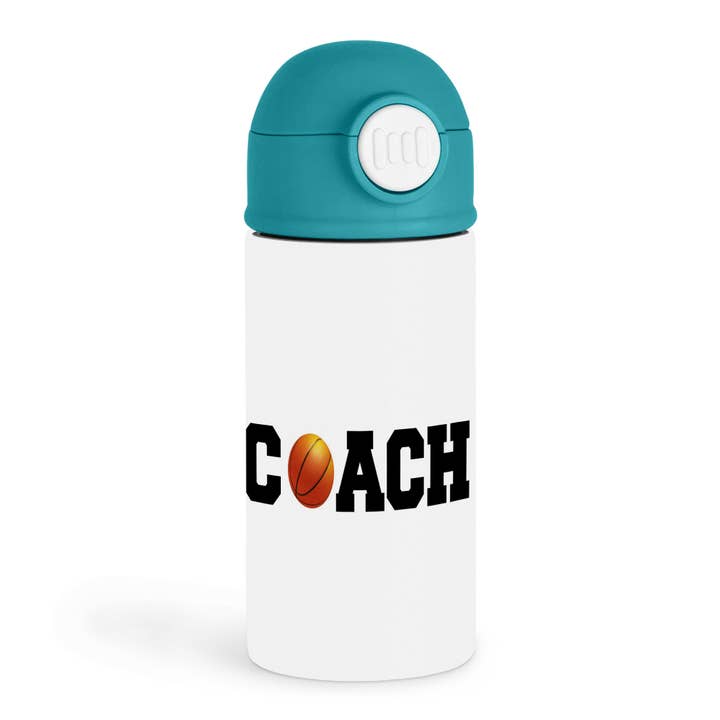 3dRose - Wholesale Water bottle - 3dRose, coach, black letters with basketball on white background, Kids Water Bottle