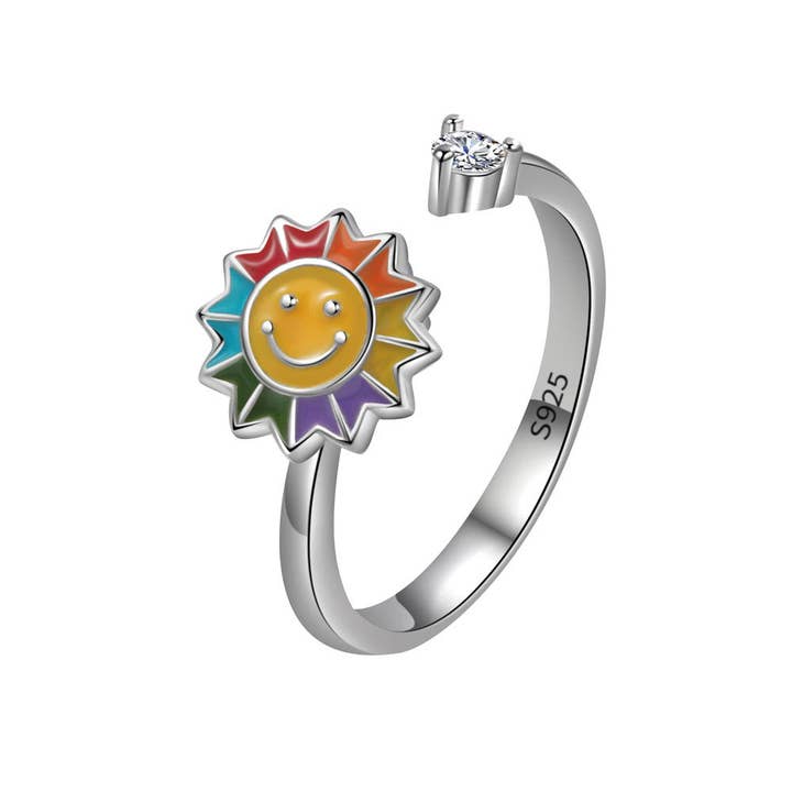 Perimade & Co. LLC – Großhandel Mehrsteinige Ringe – Smiley Sunflower Anxiety Fidget Spinner-Ring aus massivem Kupfer5