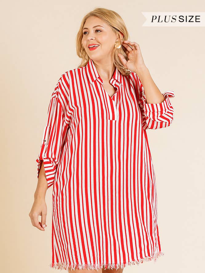 PLUS Striped Long Folded Roll Up Sleeve V-Neck Collared Dres for wholesale by VERY BERRY