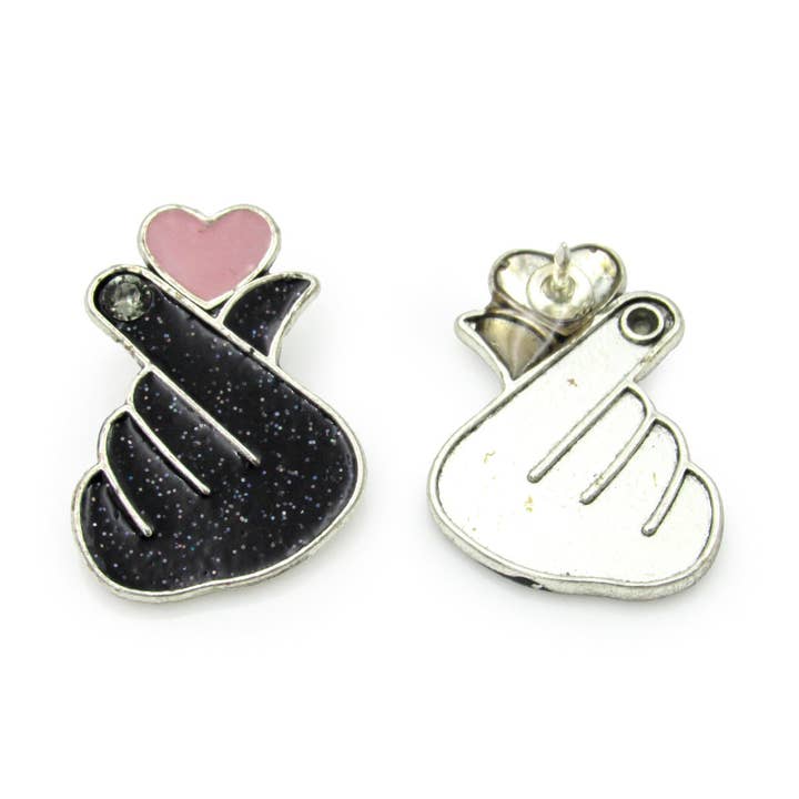 Korean 손가락 하트 Finger Heart Black and Pink Enamel Pin for wholesale by Oh, Heart!