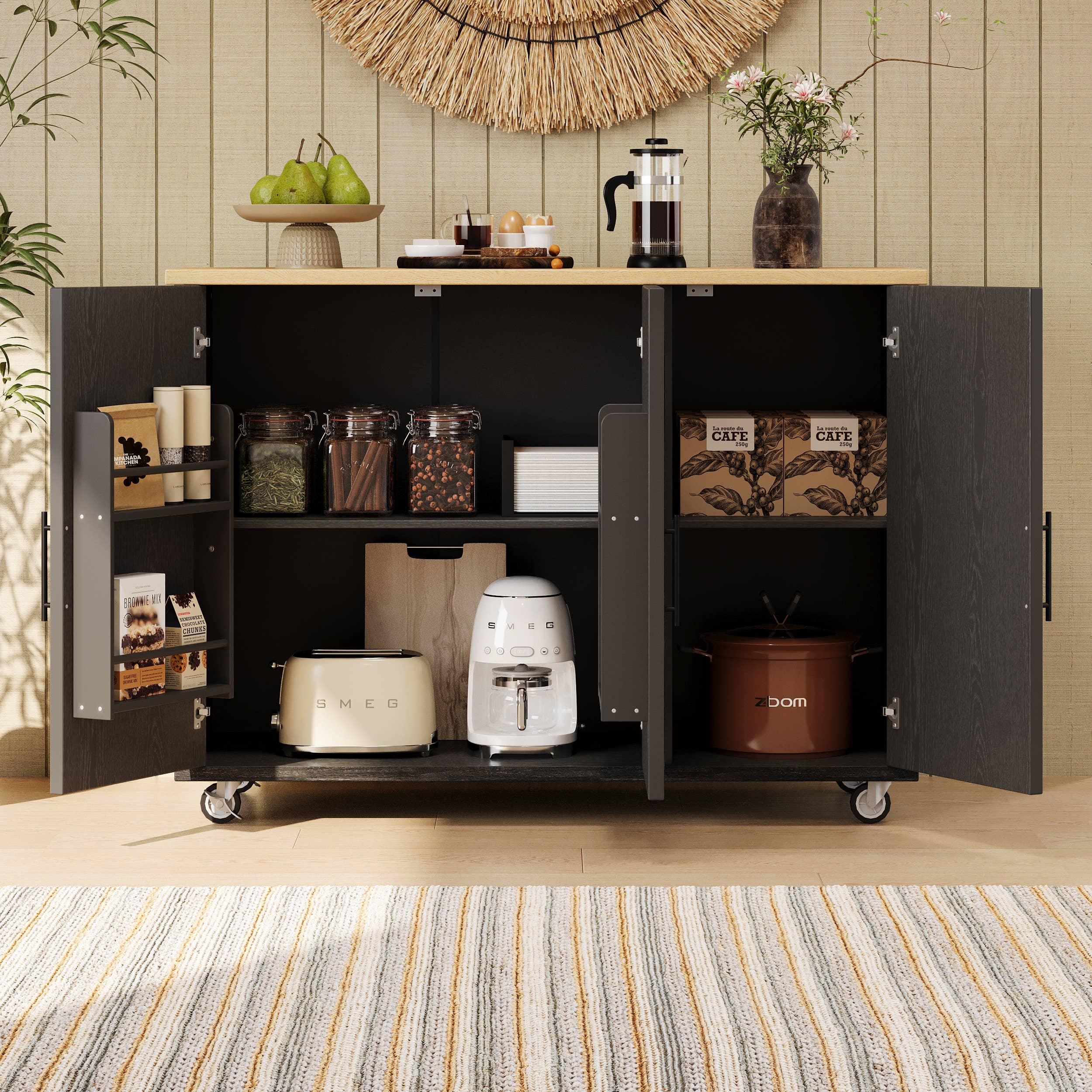 HOMYCASA DESIGN INC - Vente Rangements/organisateurs de cuisine - Îlot de cuisine avec rangement, plan de travail rabattable1