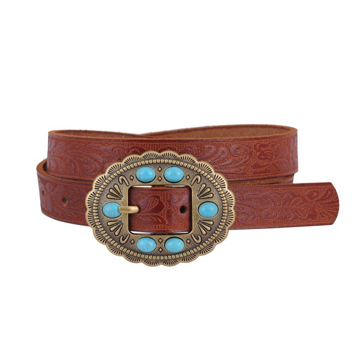 Most Wanted USA - Wholesale Belt - Women's - Tooled Belt with Round Turquoise Stone Buckle