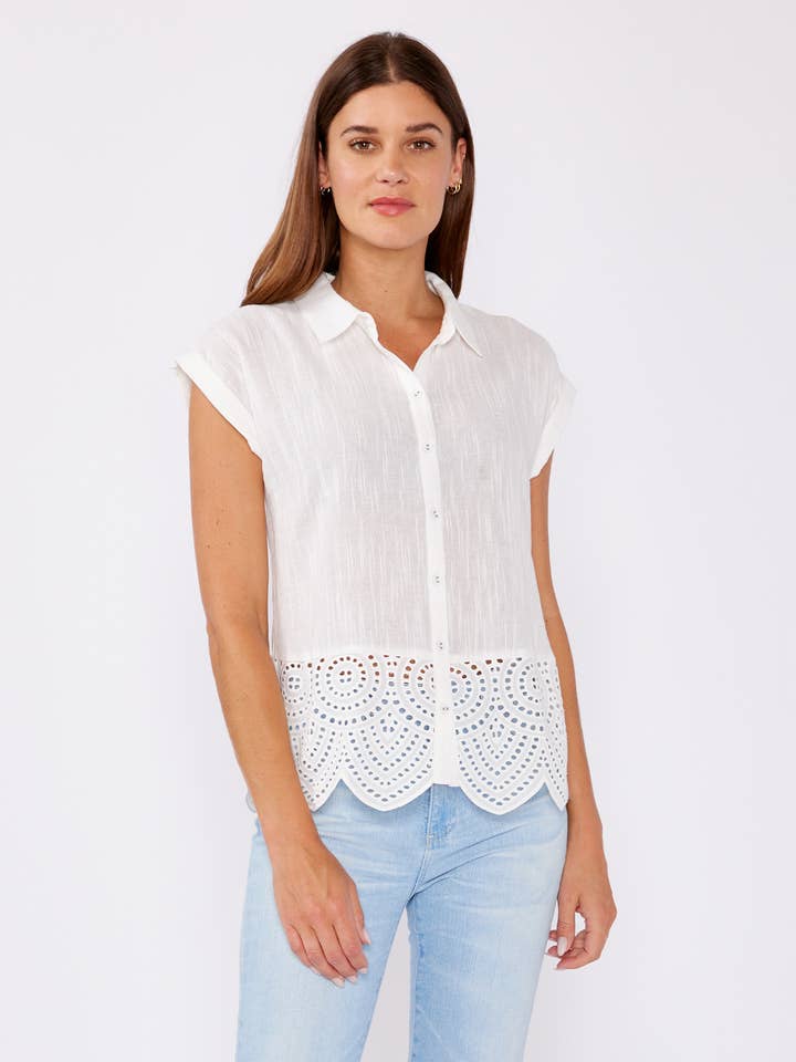 Embroidered Eyelet Button Down Camp Shirt for wholesale by Lovestitch