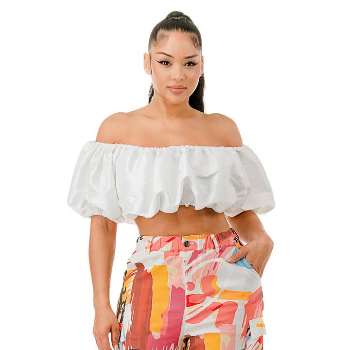 Off The Shoulder Puff Sleeve Bubble Crop Top for wholesale by omgstyles