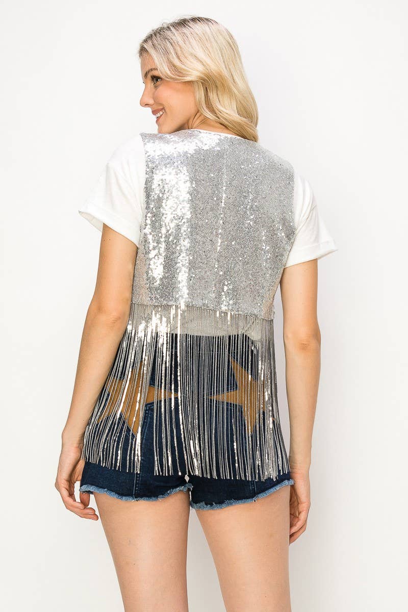 WISTERIA LANE - Wholesale Outerwear Vest - Women's - BOHO WESTERN SEQUIN FRINGED VEST - GOLD13