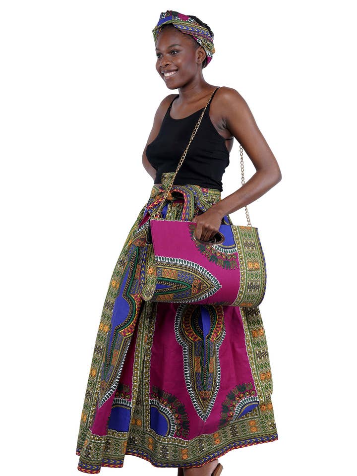 Purple Dashiki Long Maxi Skirt & Handbag Set for wholesale by Satsuma Wholesale