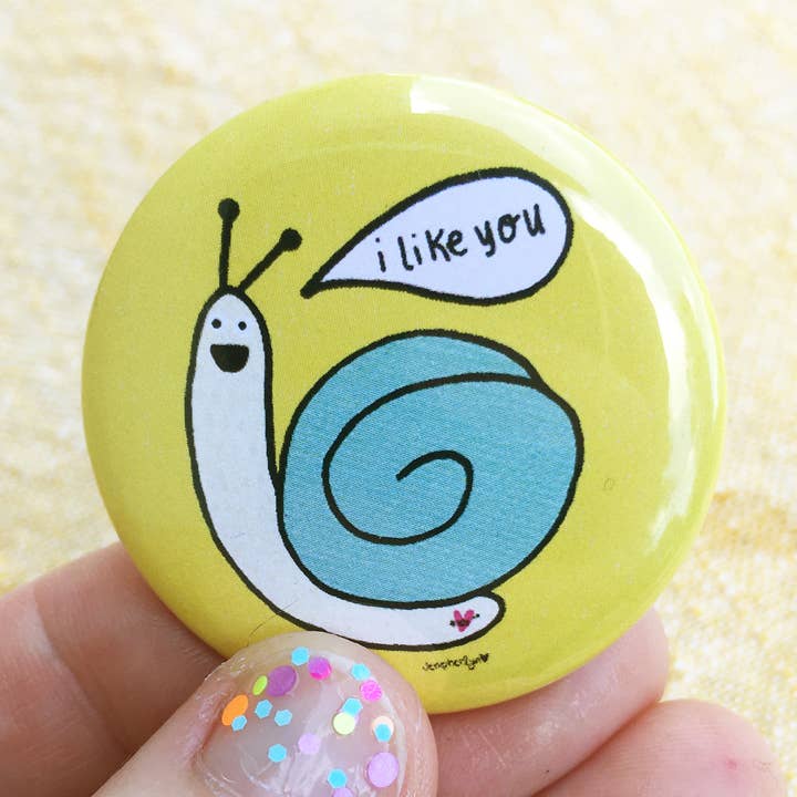 Snail Button - Pin Back Button, Friendship for wholesale by Jenipher Lyn / Nightly Doodles