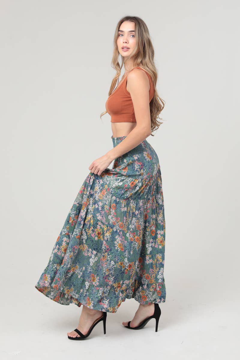 ANGIE - Wholesale Rok - Dames - 26P57-A625 BEDRUKTE GELAAGDE A-LIJN SMOCKTALIE MAXIROK3