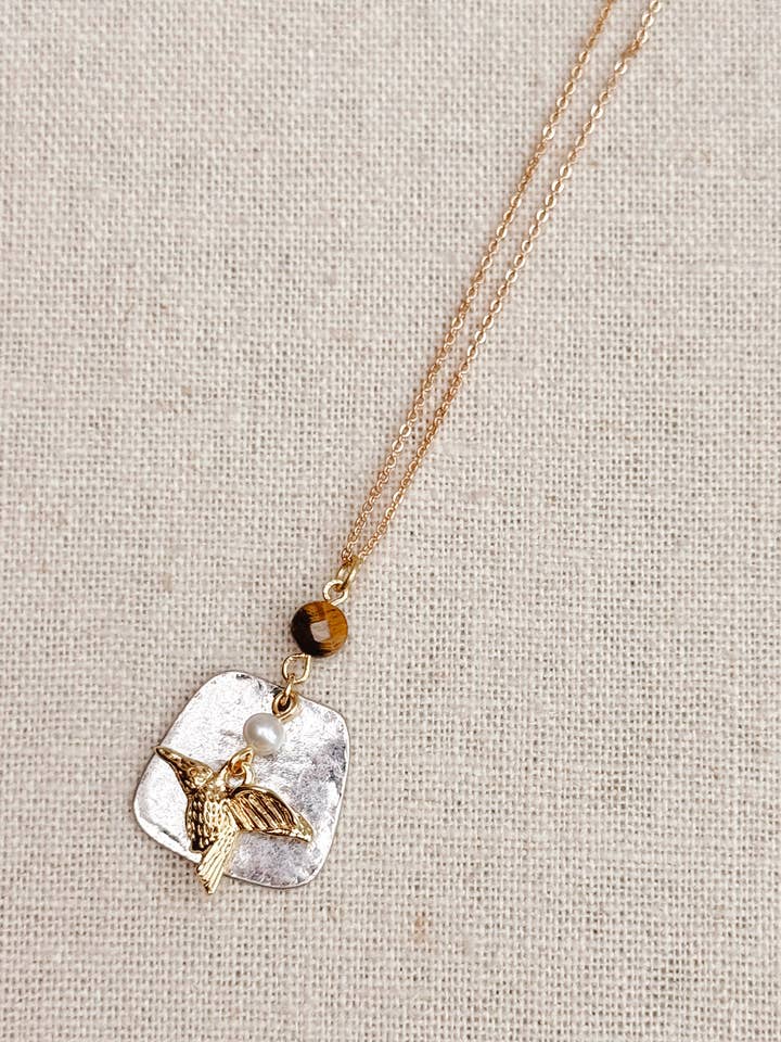 Tiger’s Eye Freshwater Pearl Hummingbird Necklace for wholesale by Gracie Rose Designs