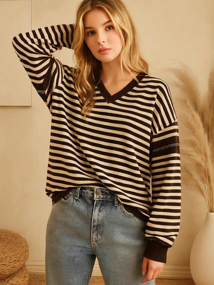 25117 - Striped V-Neck Relaxed Long Sleeve Top for wholesale by U R My Sunshine