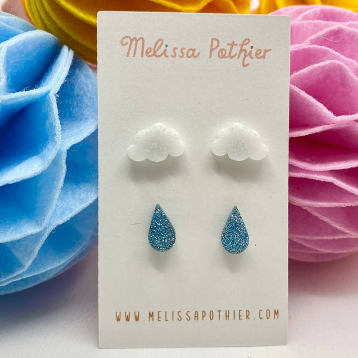 Melissa Pothier Art - Wholesale Stud/Post Earrings - Cloud Earrings, Raindrop Earrings, Stud Earring, Raincloud