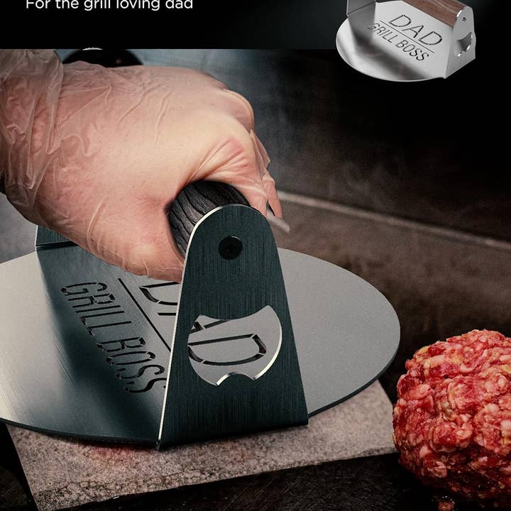 Infinite Basics - Wholesale Outdoor Grill Tools - BBQ Press Grilling Gift for DAD The Grill Boss - Stainless Steel Smash Burger Press for Hamburger/Bacon with Wood Handle & Beer Opener (for Christmas, Birthday, Fathers Day)2