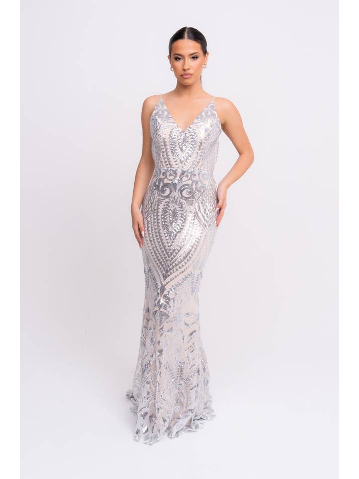 Nazz Collection Clothing Ltd - Wholesale Gown - Women's - Spotlight Silver Luxe Sequin Backless Mermaid Fishtail Dress5