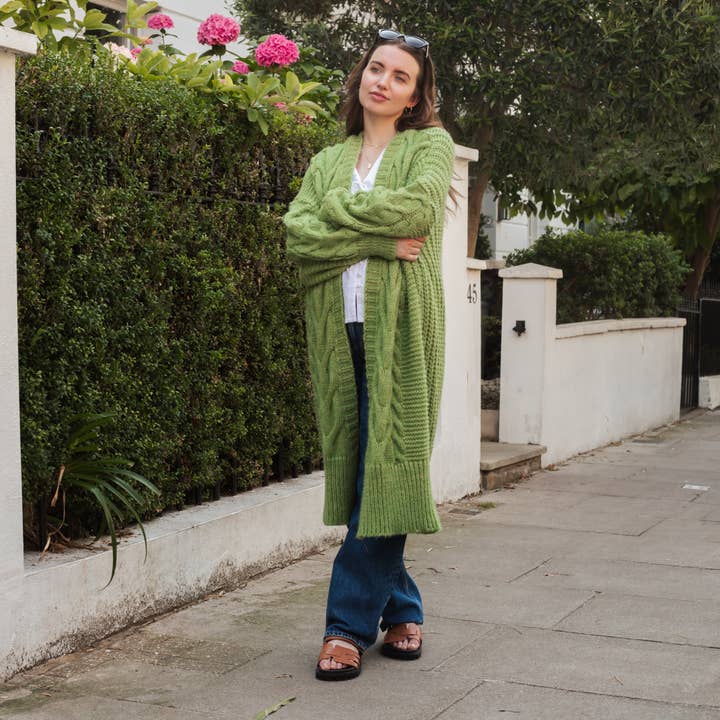 Cara & The Sky - Wholesale Cardigan - Women's - Alex Cable Longline Balloon Sleeve Cardigan - Green | Knit