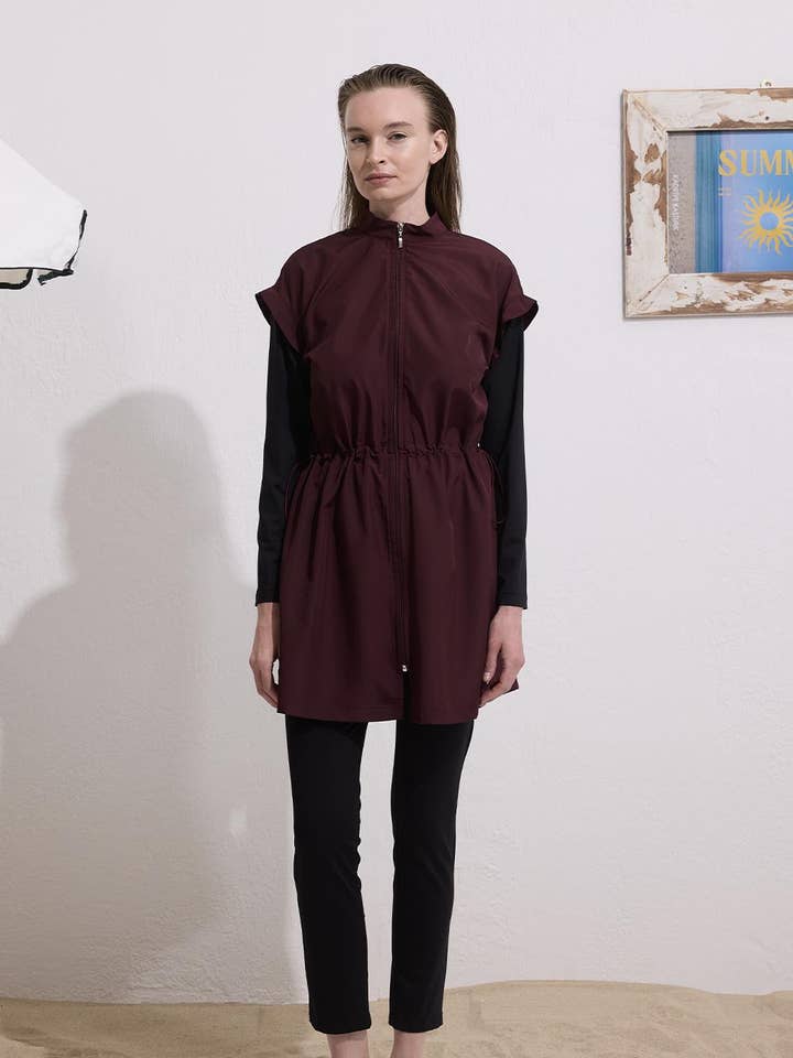 Parachute Fabric Zip-Up Modest Swimsuit Set Burgundy for wholesale by Kadriye Baştürk
