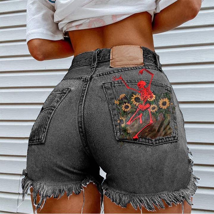 Tourtiwi - Vente Short – femme - Short en jean imprimé crâne tournesol pour femmes5