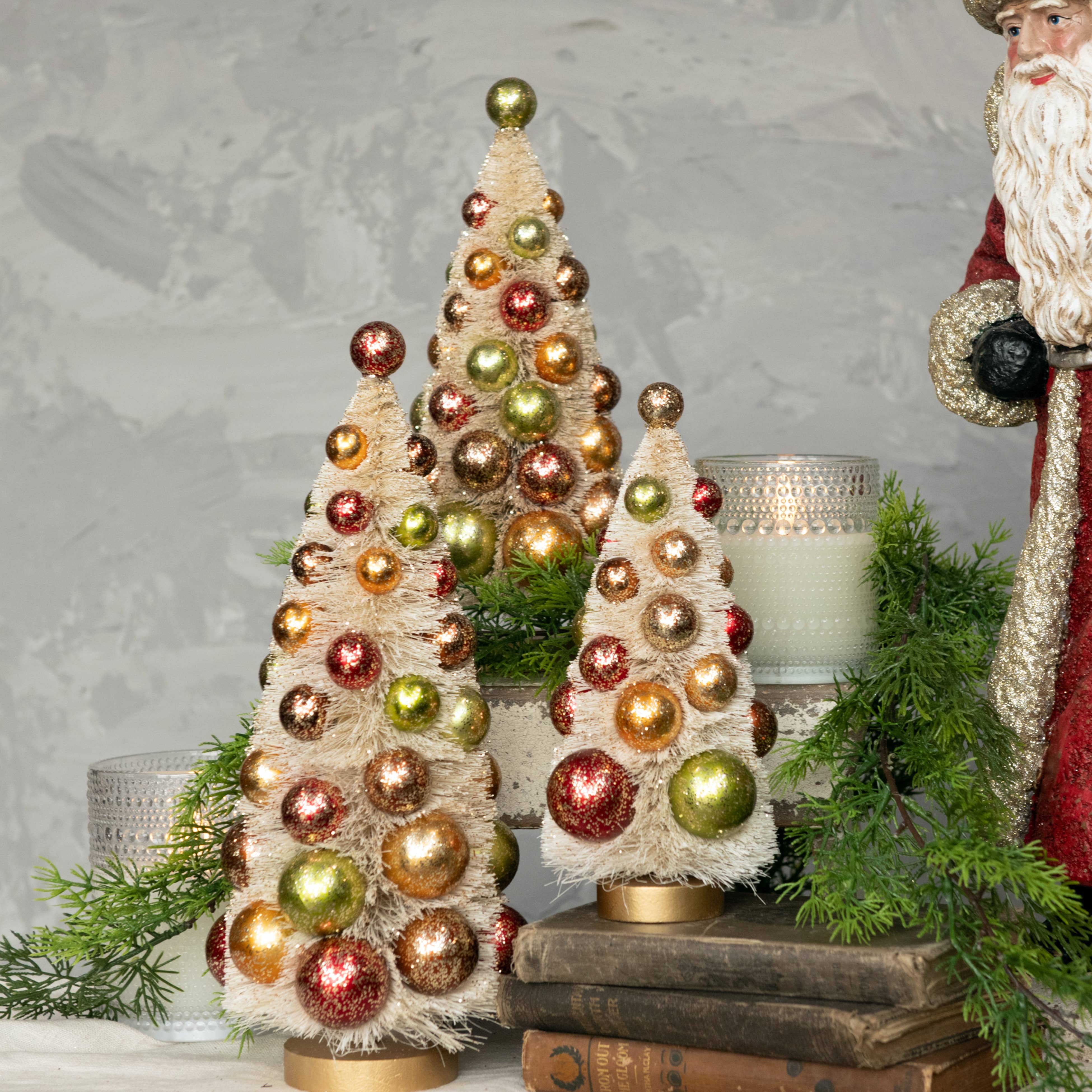 Ragon House - Wholesale Christmas Decoration - Set of 3 Cream Bottlebrush Trees with Gold Glitter Bulbs0