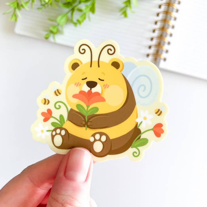 Cute Spring Bee Bear Waterproof Matte Vinyl Sticker for wholesale by Studious Owl Press