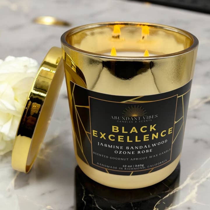Black Excellence 12oz Candle (Jasmine+Sandalwood+Ozone Rose) for wholesale by Abundant Vibes Candles & Scents