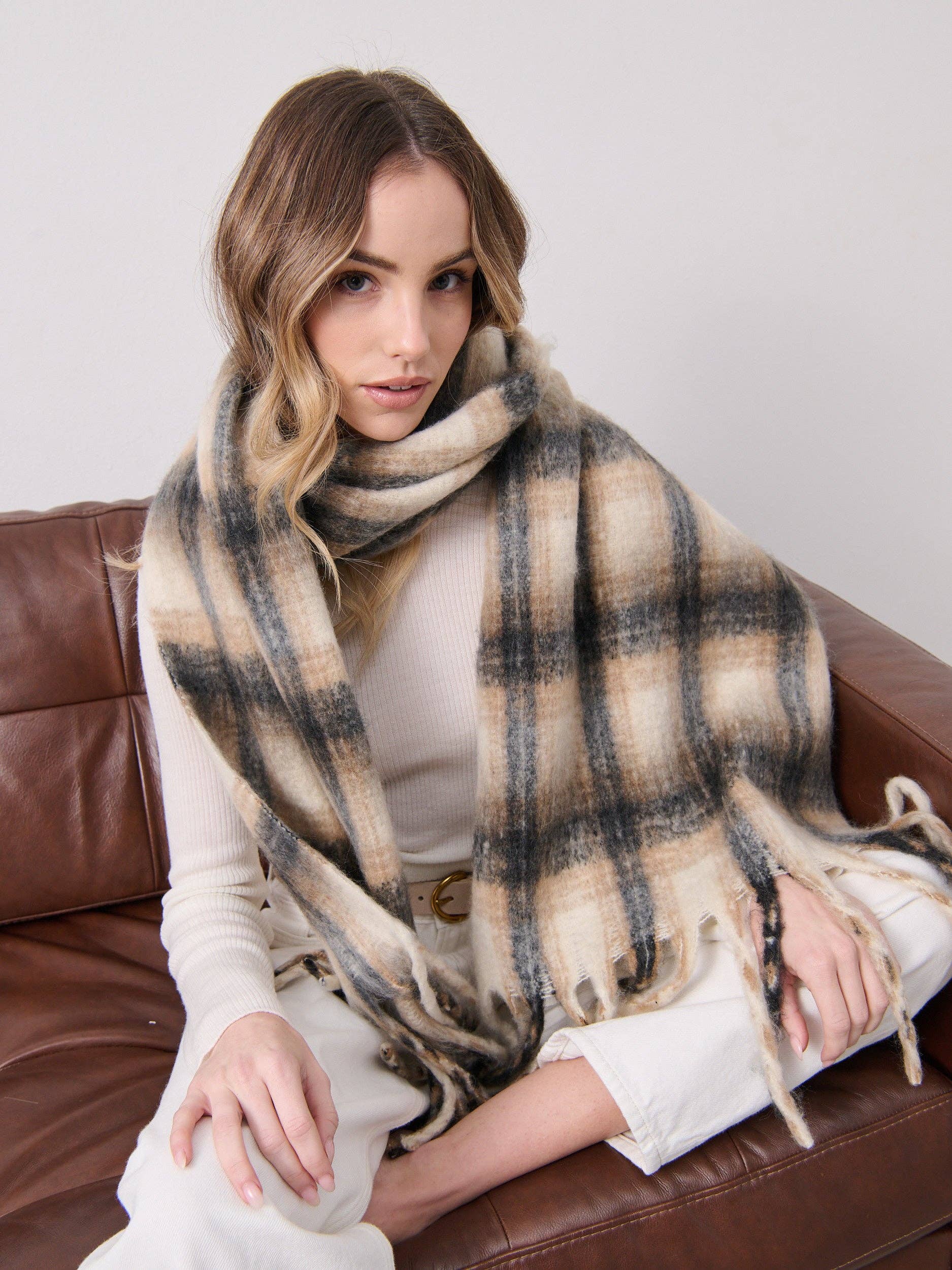Angels Whisper Accessories - Wholesale Scarf - Women's - Elena Checkered Fluffy Scarf in White2