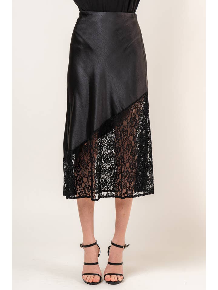 Black ASYMMETRICAL LACE BOTTOM MIDI SKIRT- SI4109FO for wholesale on Faire