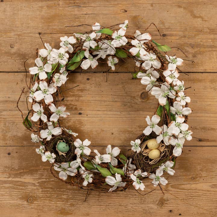 24" WHITE DOGWOOD WREATH W/ BIRD NEST for wholesale by Ragon House