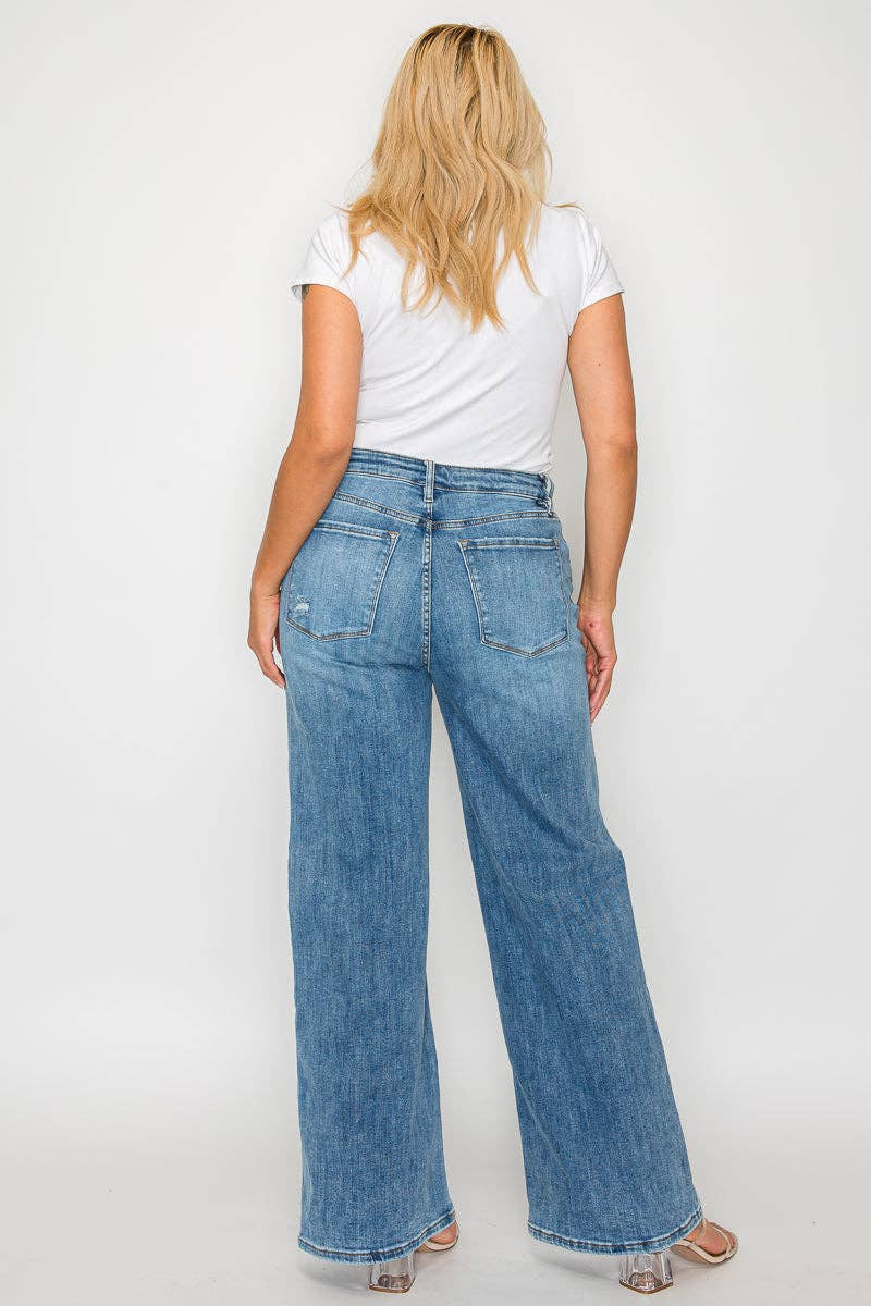 Blå Jeans med høj talje og vide ben i plus size #BT5016X for engroshandel på Faire13