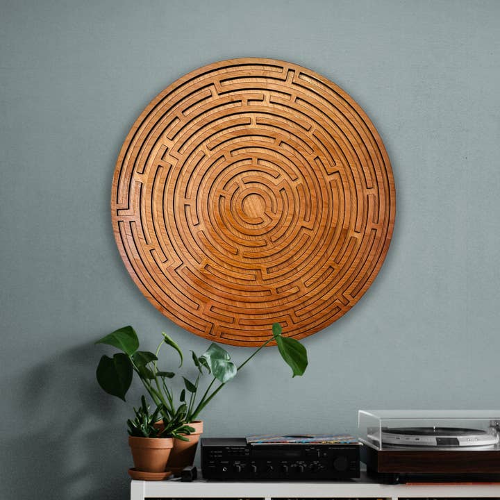 Circular Maze Wall Art, Layered Labyrinth, Wooden Decor for wholesale by Light House Laser Art