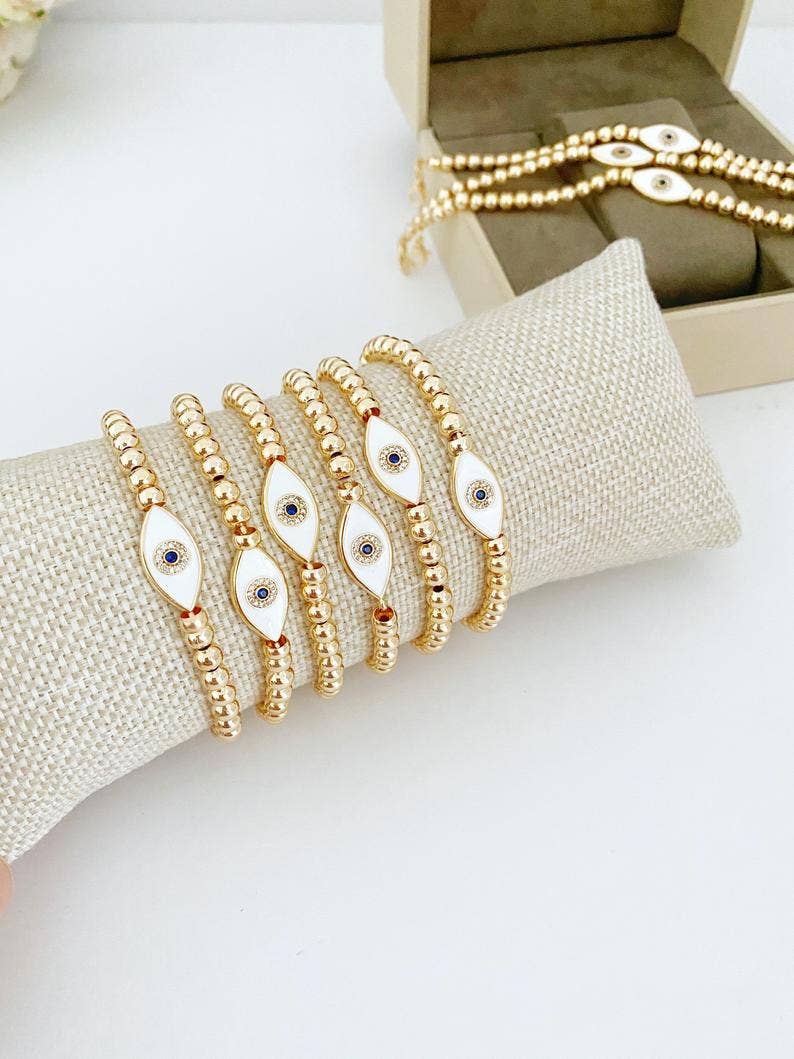 Evileyefavor – Großhandel Perlenarmband – Weißes Evil Eye-Armband, wasserdichtes Armband, goldfarbener Perlenstab4